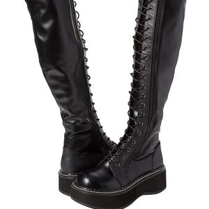 Demonia black faux leather thigh boots “Emily”